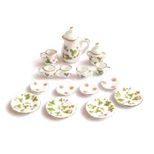 Новинка 15 шт 1/12 кукольный домик Миниатюрный чайный набор зеленые цветы модель блюда чашки тарелки кастрюли набор блюдец