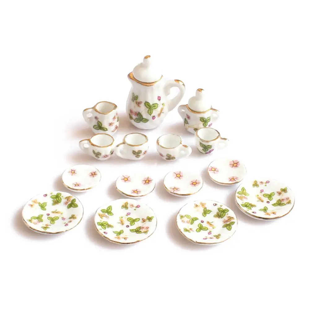 

New 15Pcs 1/12 Dollhouse Miniature Tea Set Green Flowers Pattern Dish Cup Plate Pot Saucers Set