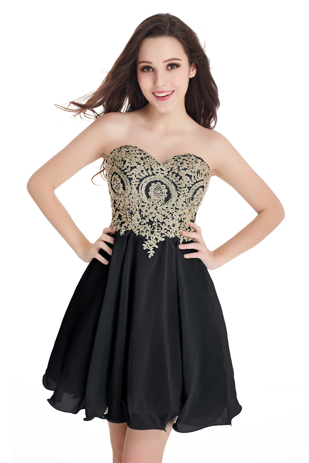 Cocktail Dresses Sexy Open Back Golden Lace Chiffon Real Image Short Party Prom Gowns Robe De Soiree Courte Formal Occasion