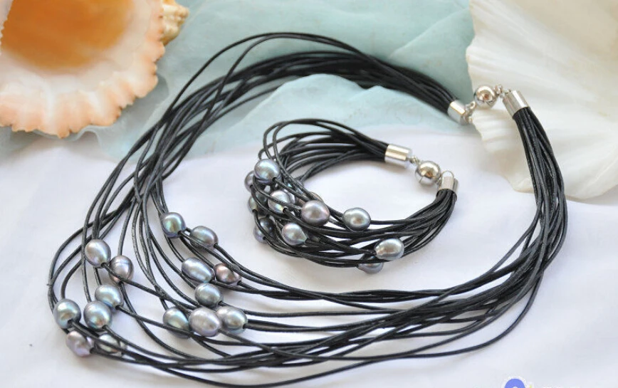 

15row 13mm black rice pearl black leather necklace & bracelet (A0423)