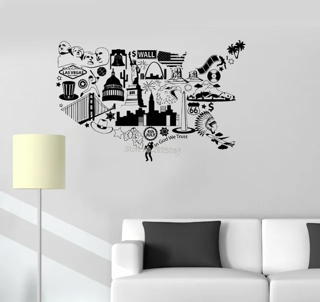 art interesting usa map wall decals vinyl united states symbol living room decor wall stickers sofa