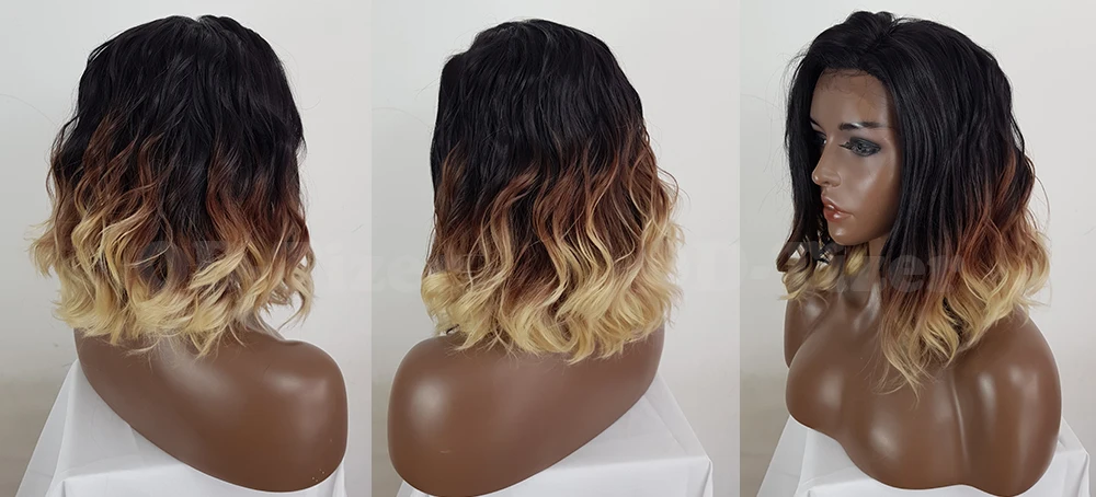 QD-Tizer Short Ombre Brown Hair Synthetic Lace Front Wigs Glueless Lob Hair Free Part Synthetic Lace Wigs for Fashion Women7