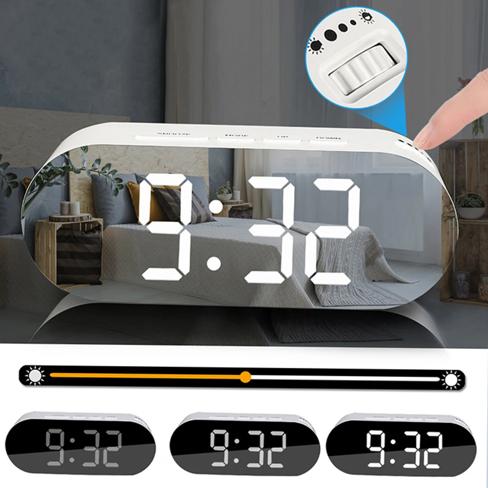 Светодиодный зеркальный будильник часы цифровой Повтор Настольные часы с двумя USB зеркало для макияжа большое время отображения температуры украшение для дома часы