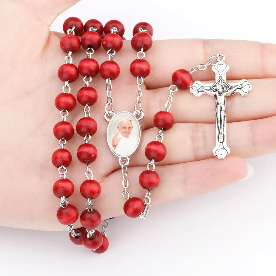 

New Arrival Catholic Rosary Necklace Wood Red Beads Jesus Cross Pendant Necklace Prayer Beaded Religious Necklaces