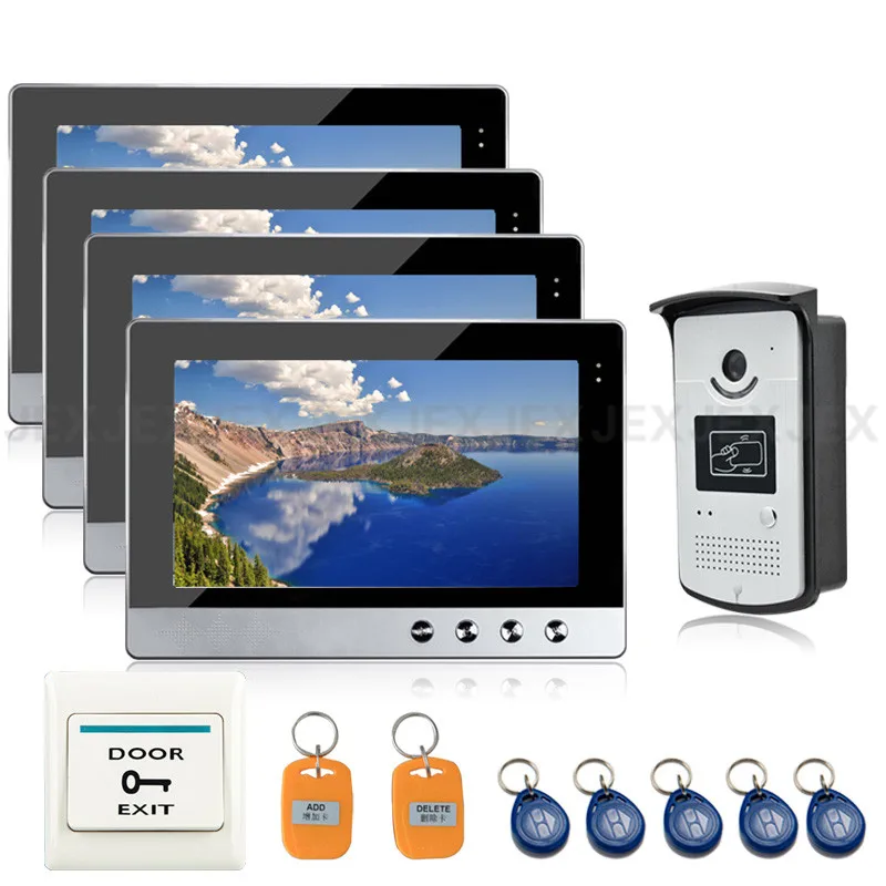 

JEX 10`` color LCD video Doorbell Doorphone speaker intercom system kit 4 monitor + RFID Access control COMS Camera In stock 1V4