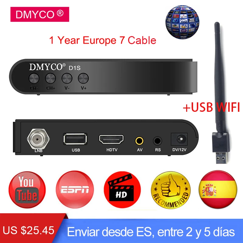 

Spain Digital Satellite Receiver DVB-S2 HD 1080P Bisskey Youtube Video Decoder Add 1 Year Europe Portugal Server LNB TV Receptor