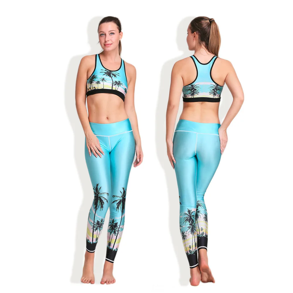 HW2016 Women Yoga Vest Tree Sunset 3D Digital Printing Elastic Capris Breathable Girl Sports Yoga Legging Suits 8901 Light Blue