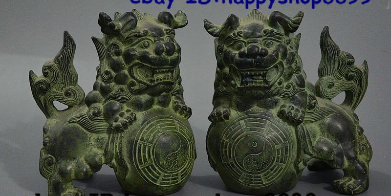 

6" Old China FengShui Bronze Eight Diagrams Guardian Foo Fu Dog Lion Statue Pair