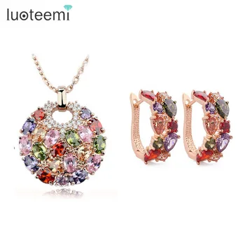 

LUOTEEMI Rose Pink Gold-Color Luxury Multi AAA Cubic Zirconia Big Pendant Necklace Earrings Set for Women Perfect Mother Gift