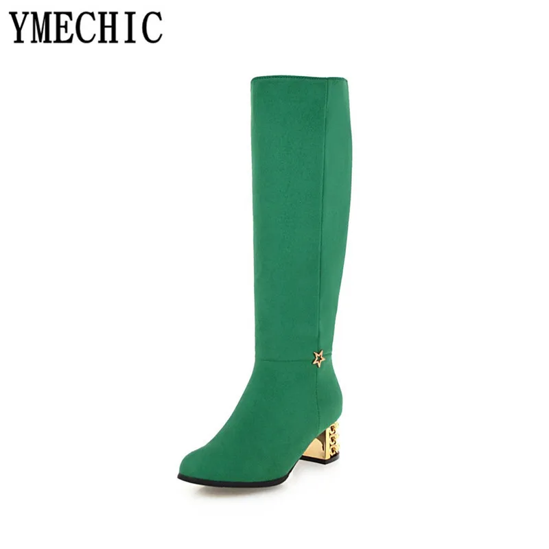 Ymechic модная Пряжка со звездой с украшением в виде кристаллов, на блочном высоком каблуке, до середины икры для верховой езды, рыцарские сапоги, женские зеленые фиолетового цвета Дамская обувь большие Размеры