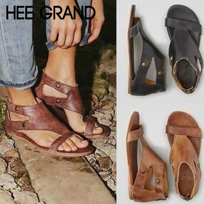 

HEE GRAND Women Sandal Flats Retro Ankle Buckle Sandals Roman Bohemian Ankle Gladiator Flip Flop Mujer Sandalias XWZ4891