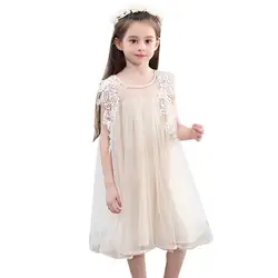 Летнее Повседневное платье из сетчатой ткани без рукавов с кружевом для маленьких девочек; Нарядный сарафан для маленьких детей