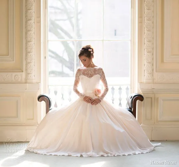 

Sheer Lace Long Sleeves Open Back Royal Ball Gown Wedding Dresses 2014 New Arrival