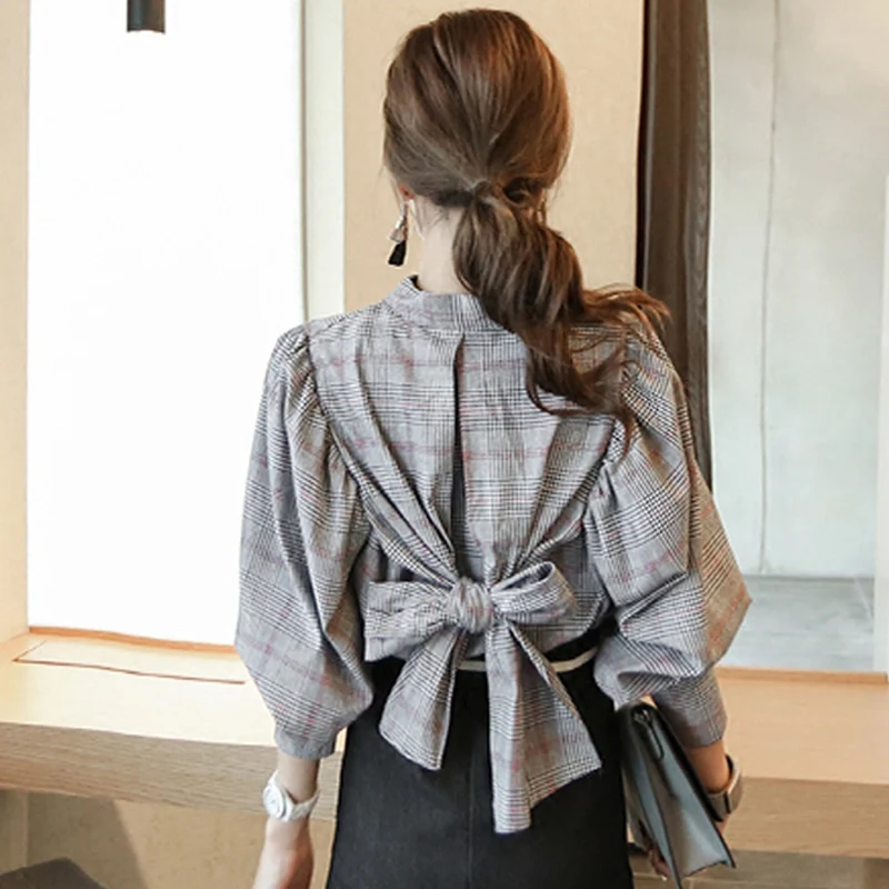 JSXDHK New Fashion Autumn Woemn Blouse Office Lady Plaid Long Lantern Sleeve Formal Back Bow Stand Collar Shirt Tops