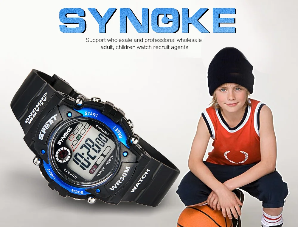 Synoke детские часы спортивные PU Группа Аналоговые-цифровые часы будильник Дата LED Водонепроницаемый наручные Часы Подсветка дети наручные