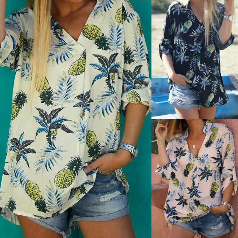 Harajuku Summer New Sexy Hawaiian Beach Vacation Pineapple Printed Shirts Woman Wild Long-sleeved V Cut Collar Fruit Blouses Harajuku Summer New Sexy Hawaiian Beach Vacation Pineapple Printed Shirts Woman Wild Long-sleeved V Cut Collar Fruit Blouses