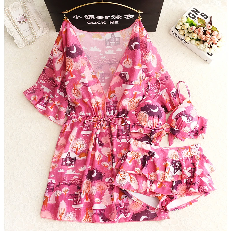 

2018 New Suits Female Body Skirt Sexy Bikini Three-piece Little Chest Together Show Thin Blouse South Korea Small Sweet Wind
