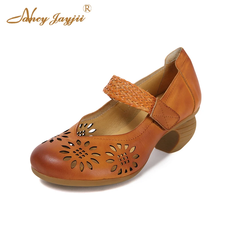 

Spring Summer Women Pumps Shoes Genuine Leather Totem Hollow Fretwork Ethnic Hook&Loop Round Toe Casual Sexy Female New Designer