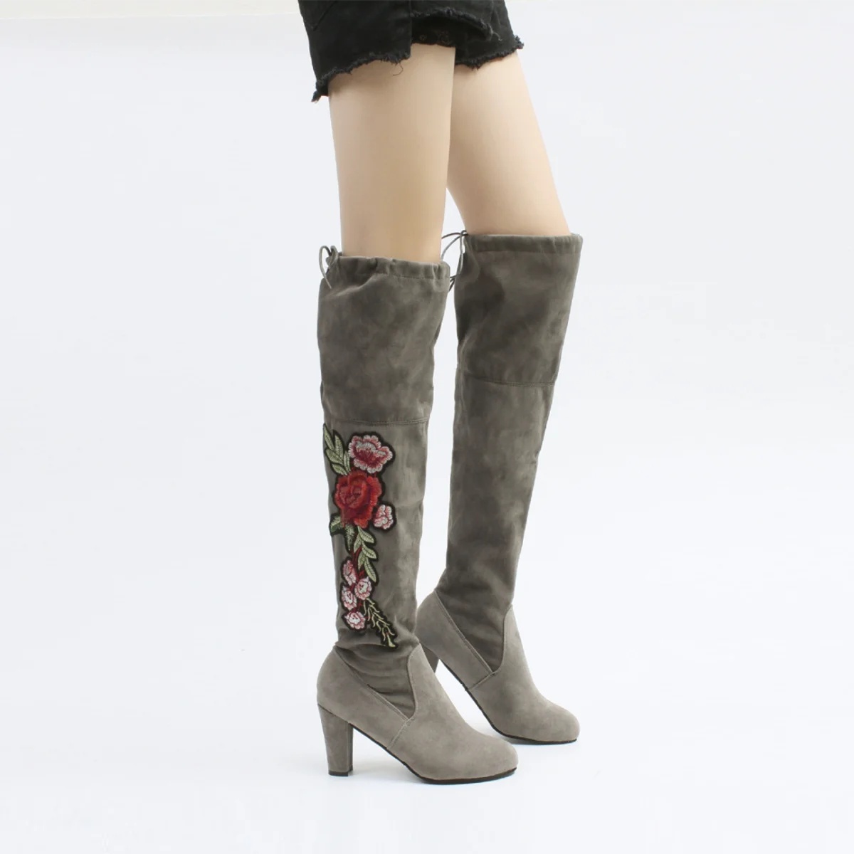 

Women Sexy Suede Leather Slim Thigh High Long Boots Lady Spring Autumn Flower Embroidery High Heels Over Knee Flat Stretch Shoes