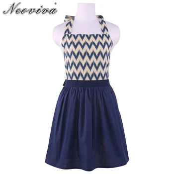 

Neoviva Kitchen Cotton Apron for Lady with Hidden Pockets Marie Geometric Chevron Navy Blue Waterproof Cute Waitress Aprons Cook