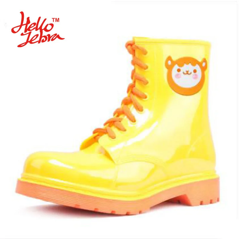 

Hellozebra Women Fashion Rain Boots Ladies Lace Up Cute Animal Prints Round Toe Rubber Flat Heels Waterproof Charm Rainboots