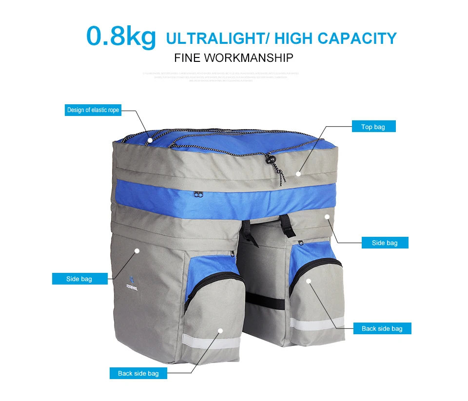 Clearance ROSWHEEL 60L Bicycle Bag Black Blue Red Double Bicycle Rear Seat Rack Trunk Bag Handbag Pannier Bike accessories 2