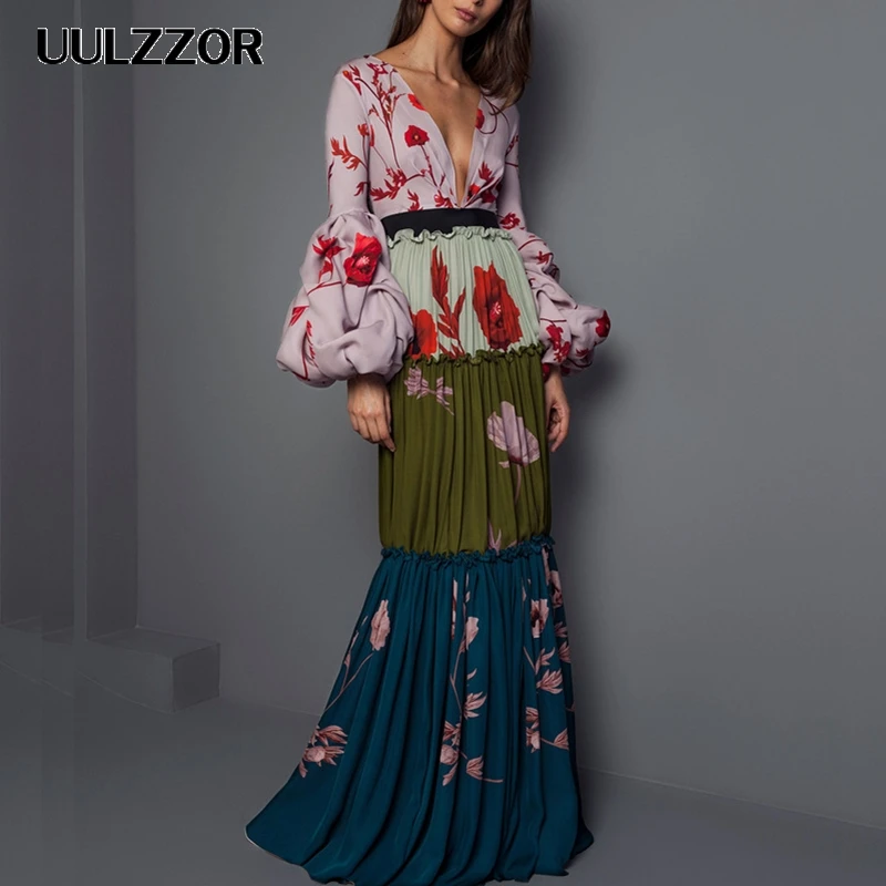 sexy deep v collar floral printed maxi dress