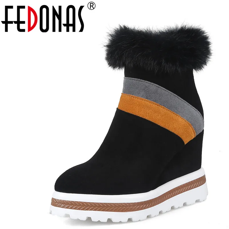 

FEDONAS Fashion Women Ankle Boots Round Toe Autumn Winter Wedges High Heels Shoes Rabbit Fur Brand Quality Shoes Woman Pumps