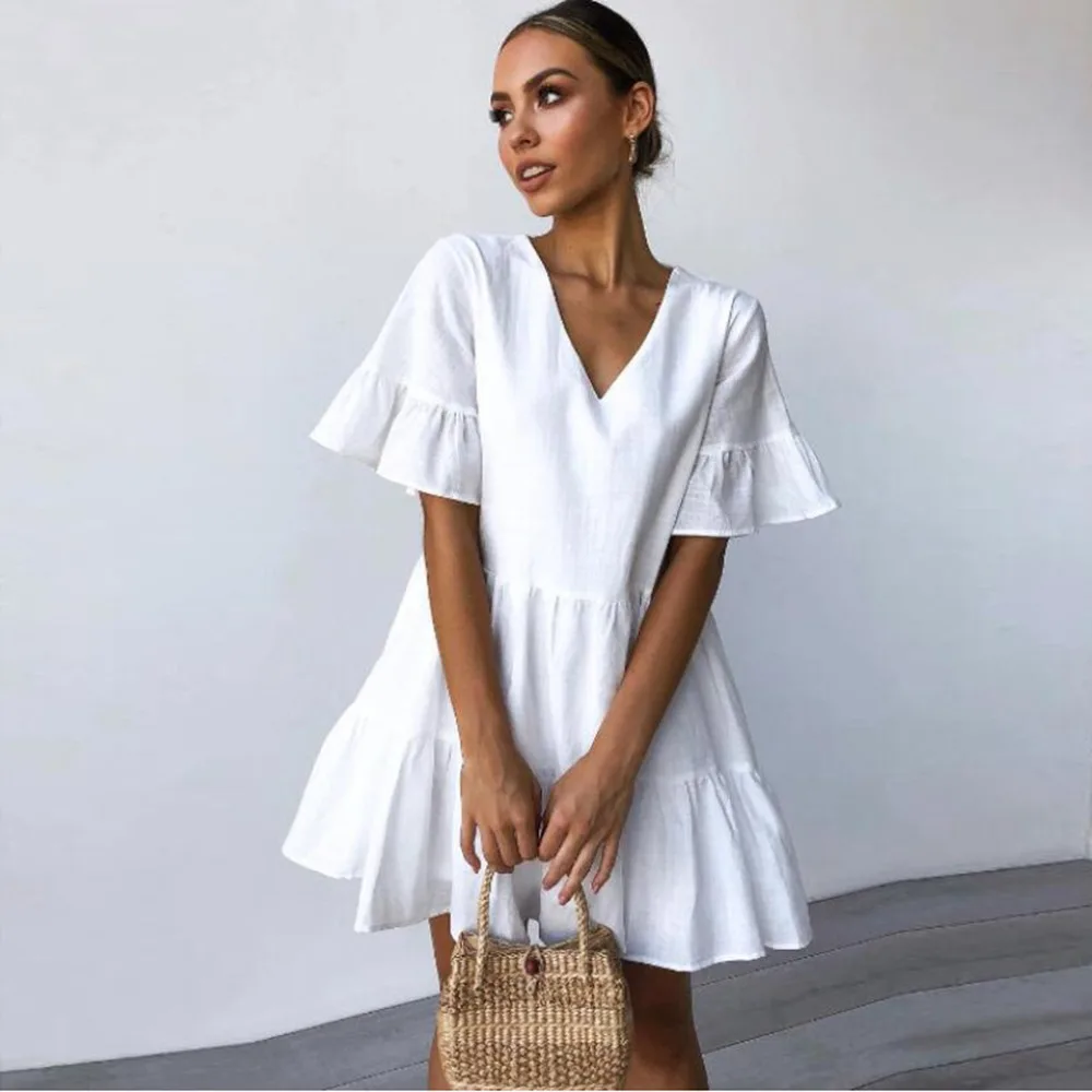 

Elegant Sexy Summer Dress Ruffles Mini Sexy Deep V Neck Solid Holiday Casual Short Sleeve vestidos de fiesta de noche mujer #Y