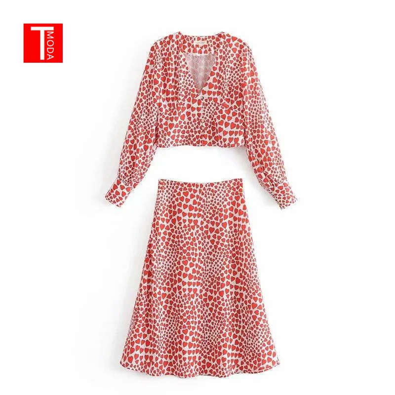 

2018 Women Leopard Print Crop Tops Animal Long Sleeve Blouse Short Heart Print Shirts Midi Skirt Faldas Mujer A Line Pleated T2