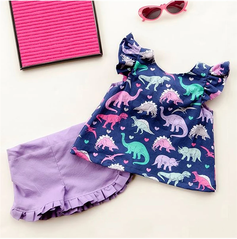 0-4T комплект одежды с рисунком динозавра для маленьких девочек, топы с короткими рукавами и оборками, футболка Короткие штаны, милые летние наряды