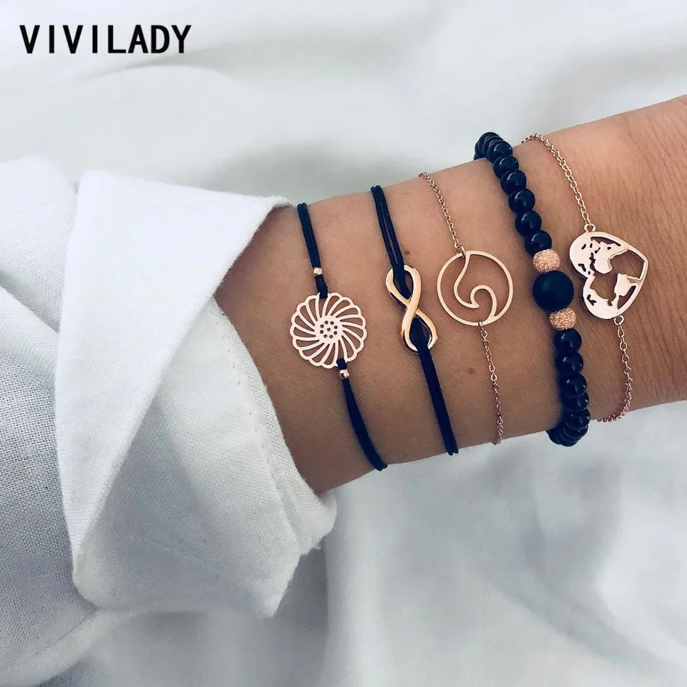 VIVILADY Новинка Черный 5 шт. модный Шарм-браслет золотой цвет сплав металла полые