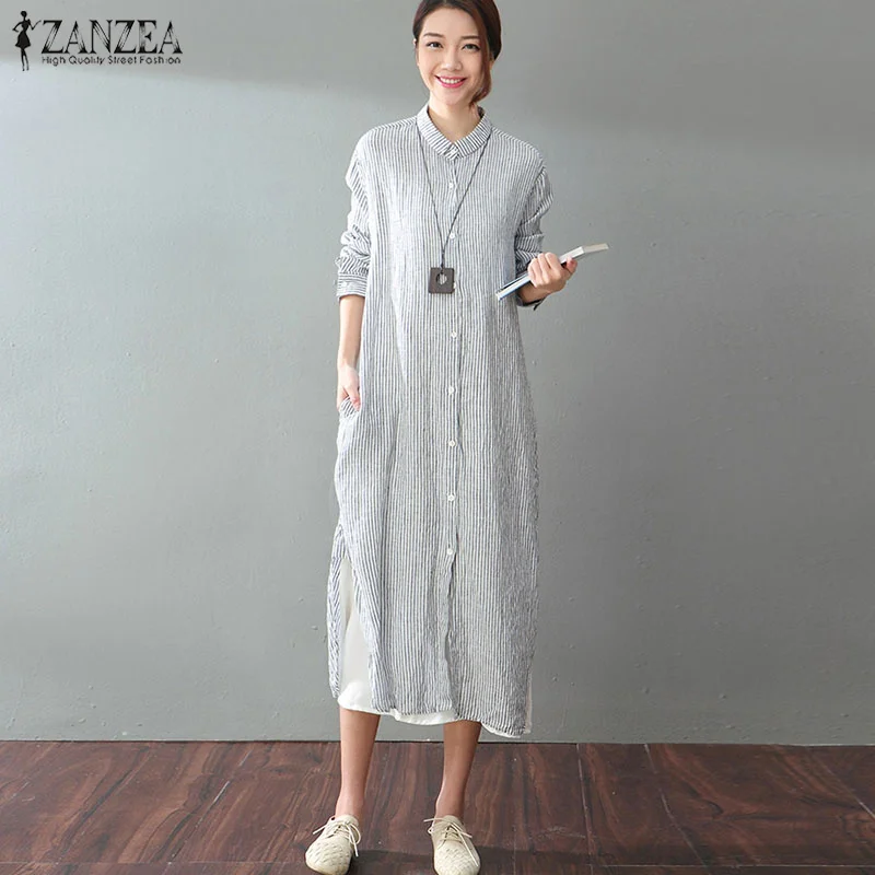 Fashion Women Shirt Dress ZANZEA Lady Lapel Neck Long