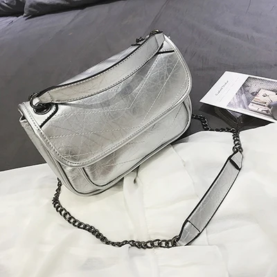 Простой серебряные сумки через плечо для Для женщин сумка из мягкой кожи из искусственной кожи через плечо женская сумка с клапаном Брендовая Дизайнерская обувь сумка через плечо с цепочкой - Цвет: Silver