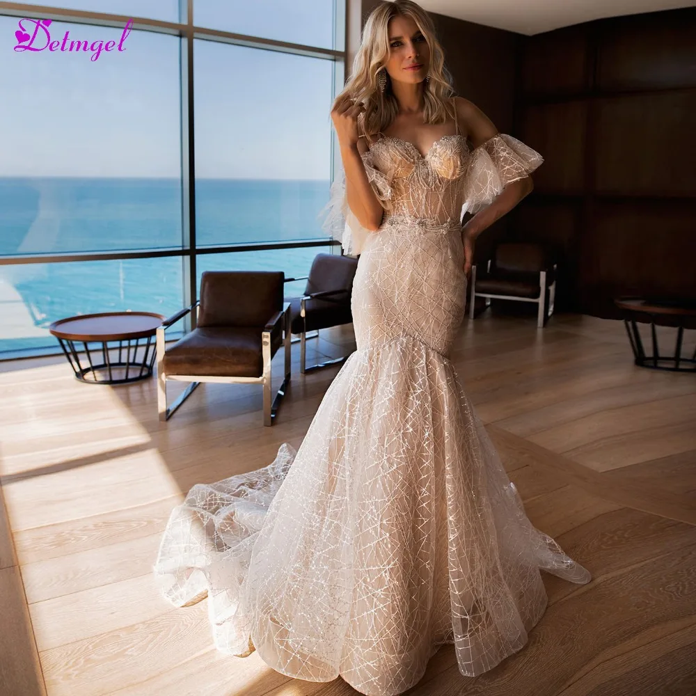 

Detmgel New Arrival Strapless Short Sleeves Lace Mermaid Wedding Dresses 2019 Luxury Beaded Trumpet Bride Gown Vestido de Noiva