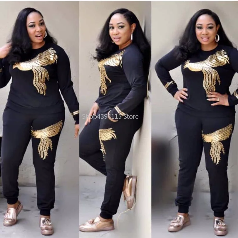 

New Arrive Spring Fashion Two Piece Set Women Phoenix Sequins Diamond Casual Sportsuit Black O-Neck Long Sleeve&Long Pant Suits