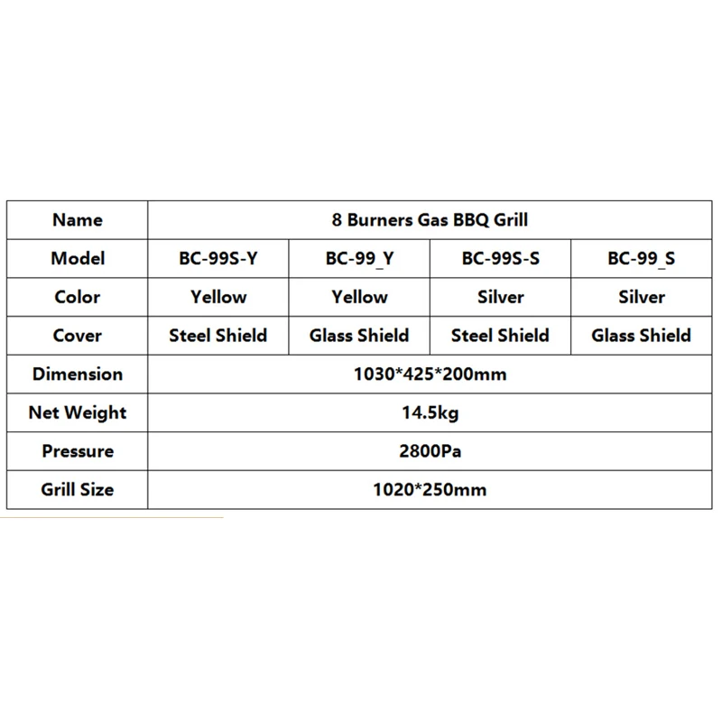 GZZT 8 Burners BBQ Grill Commercial Stainless Steel Natural Gas Yellow/Silver Adjustable Height Smokeless Barbecue Picnic Baking