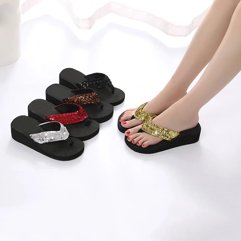 TIFENNY Womens Summer Sequins Anti-Slip Sandals Fashion Wedge Slipper Indoor Outdoor Flip-Flops Beach Shoes