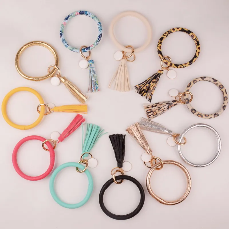 

2019 New PU Leather O Key Chain Custom Circle Cute Same Color Tassel Wristlet Keychain Wholesale Women Girls 11Colors Keychain