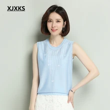 XJXKS жилет женская летняя рубашка без рукавов свободная футболка с круглым вырезом Тонкая футболка Корейская трикотажная ледяная шелковая крутая футболка