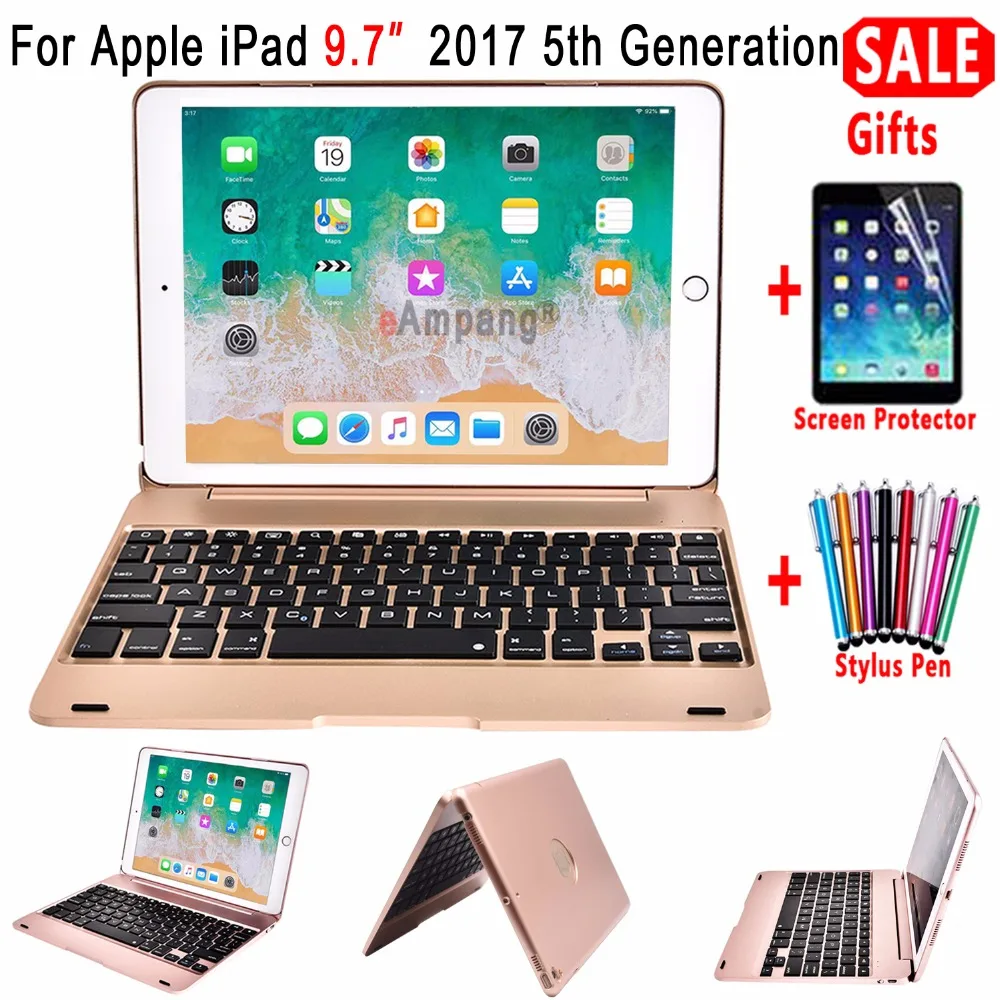 

For Apple New iPad 9.7 2017 5 5th Generation A1822 A1923 Wireless Bluetooth Keyboard Smart Flip Cover Case + Screen Protector