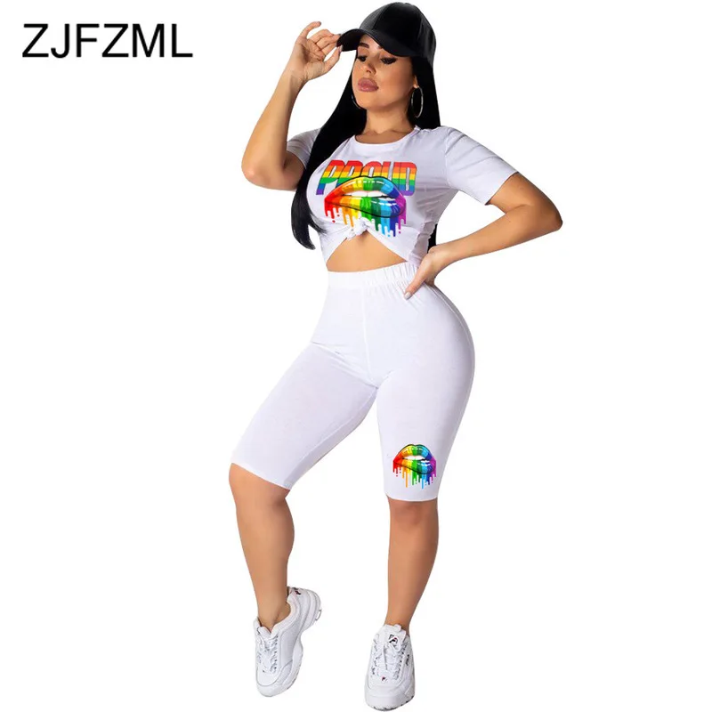 

Colorful Lips Print Two Piece Set Summer Clothes For Women O Neck Short Sleeve Crop Top +Knee-Length Pants 2 Piece Club Outfits