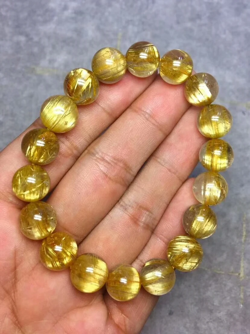 

Genuine Natural Gold Rutilated Titanium Quartz Brazil Bracelet 11mm Round Beads For Women Men Crystal Stretch Certificate AAAAA