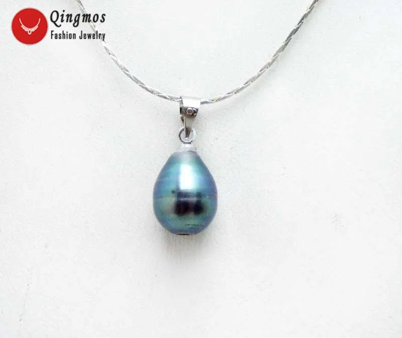 

Qingmos 10-11mm Black Rice Natural Freshwater Pearl Pendant Necklace & Silver plated 17" Chain Chokers Necklace for Women ne6348