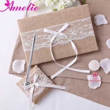 

Retail With Free Shipping Wedding Collection With Lace Linen Wedding Guestbook And Pen Holder Set