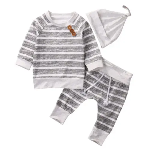 Комплект из 3 предметов для новорожденных и маленьких девочек, футболка с длинными рукавами+ штаны+ шапочка, одежда в полоску