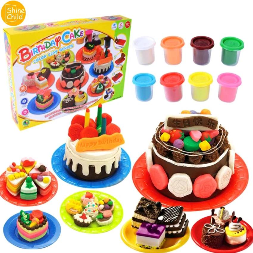 

Children DIY Nontoxic Fimo Playdough Simulation Birthday Cake Model Clay Kit Mold Set Kids Pretend Play Intelligence Toys Tools