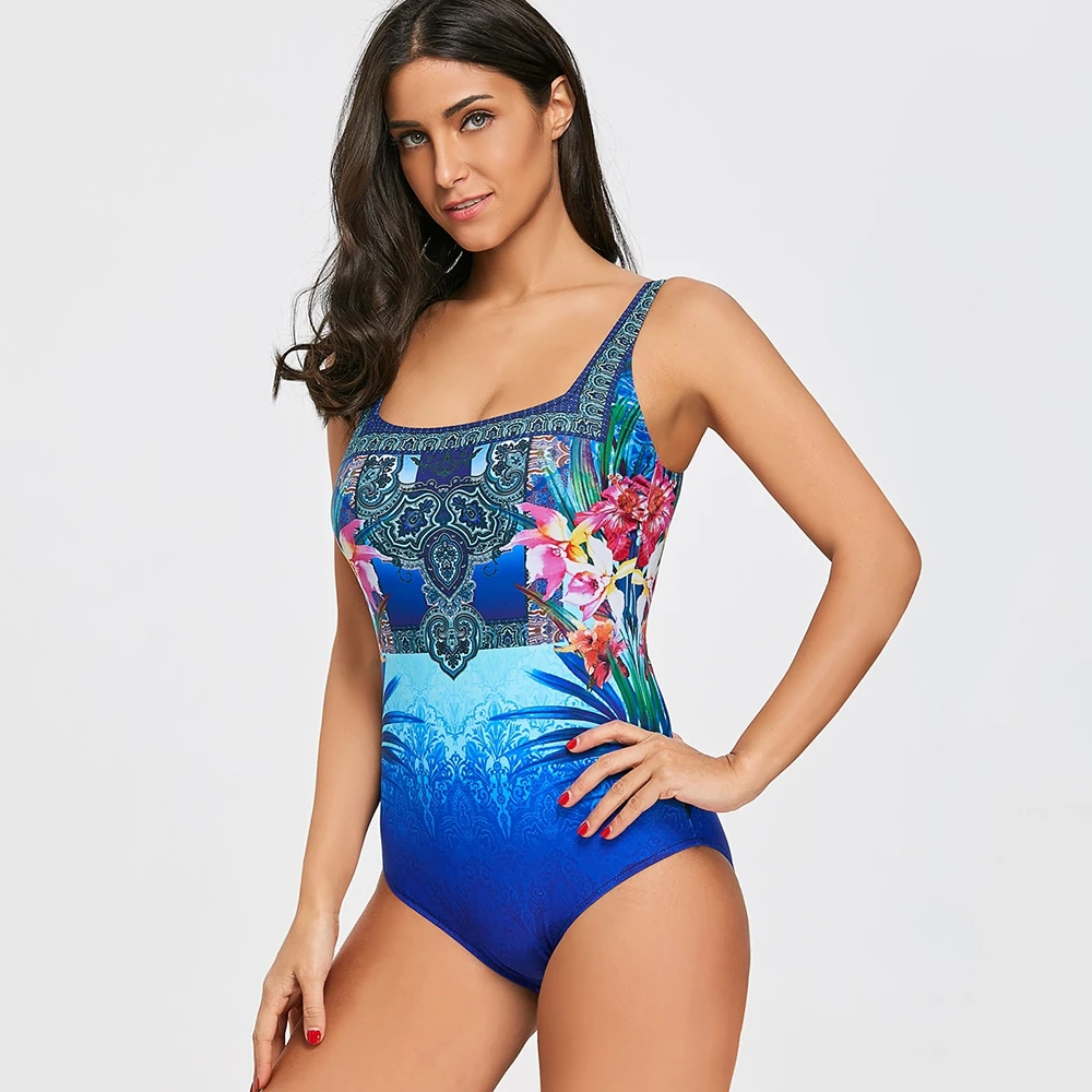 Sexy Swimsuit Women Elastic Bathing Suits Beach Dress Wear Swimdress Square Neck Print One Piece
