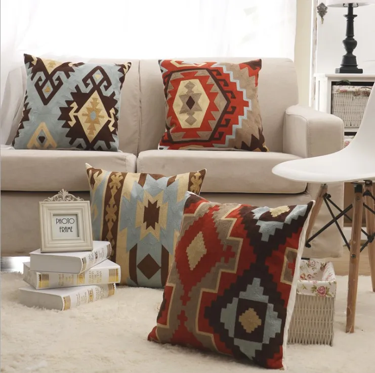 

LOISHOM Home Decor Embroidered Cushion Cover Kilim Geometric Canvas Cotton Square Embroidery Pillow Cover 45x45cm Pillow Sham