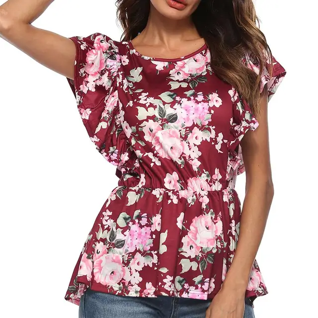 Women Casual Loose O Neck Floral Print T Shirt Elastic Waist Short ...